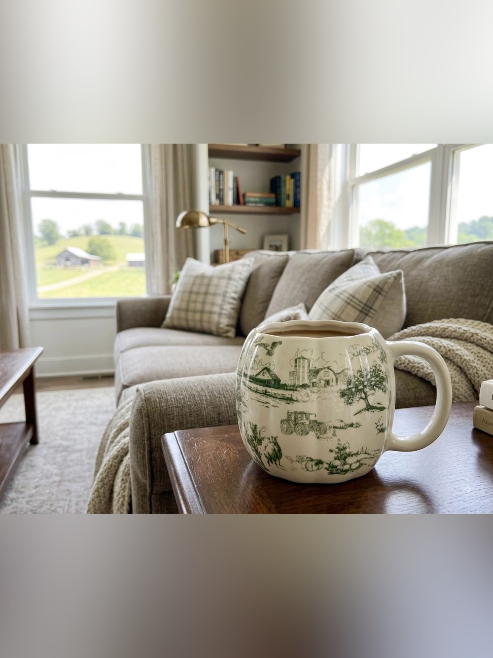 Green Toile Pumpkin Mug | Sunday Morning Ceramics Farmhouse Coffee Cup